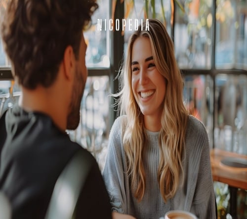 Mann und Frau beim ersten Date im Cafe