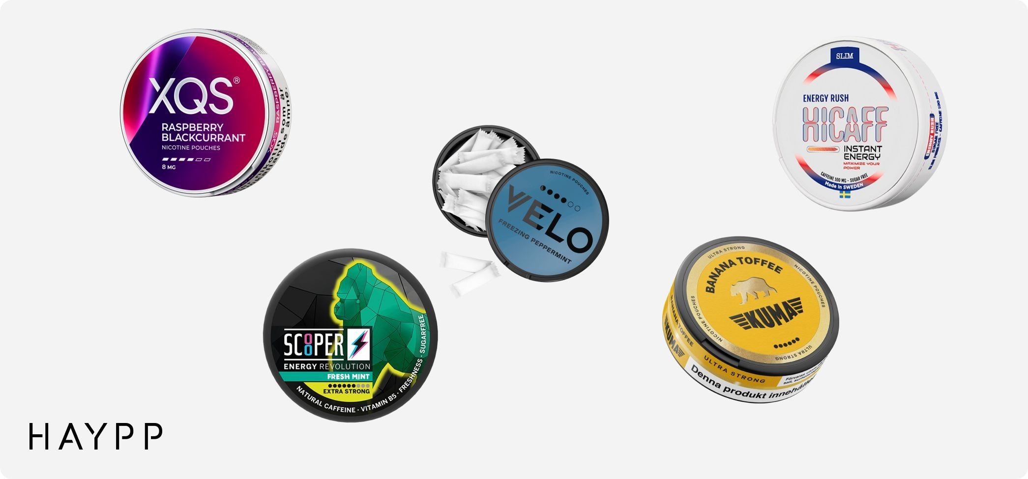 Verschiedene bunte Dosen Koffein- und Nikotinbeutel von unterschiedlichen Marken.