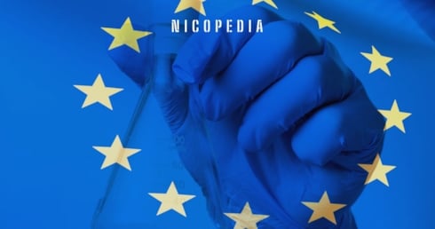 EU Flagge mit Hand und Reagenzglas