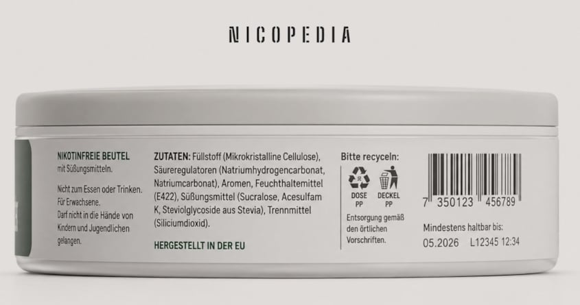 Ansicht Dose nikotinfreie Beutel von der Seite mit Fokus auf den kleinen Text