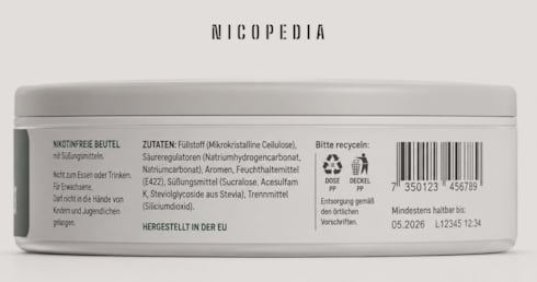 Ansicht Dose nikotinfreie Beutel von der Seite mit Fokus auf den kleinen Text