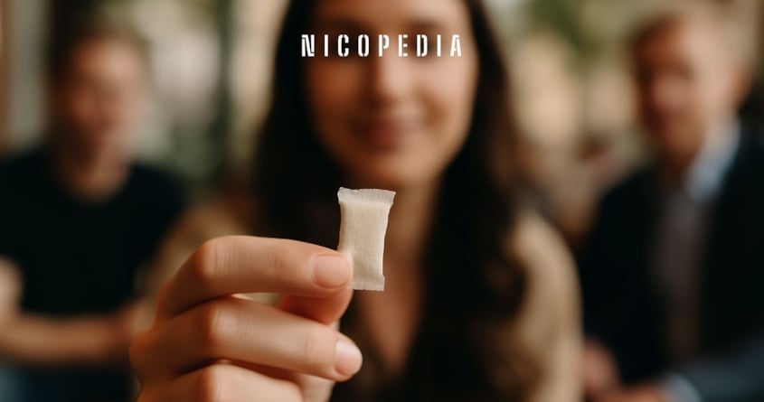 woman holds up nicotine pouch