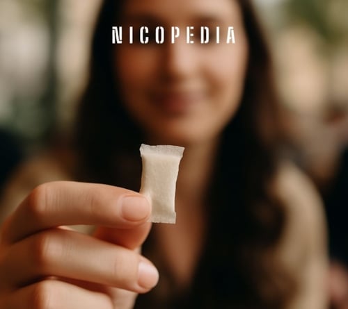 woman holds up nicotine pouch