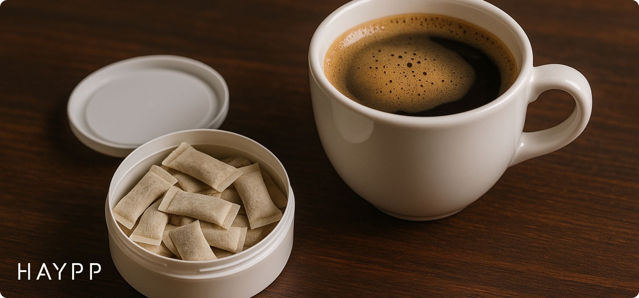 Nicotine pouches and coffee on wooden table