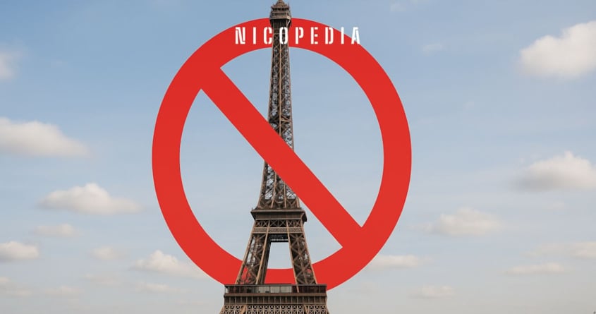 Eiffel Tower with 'banned' logo, symbolising France's new ban on oral nicotine products