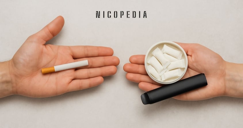 Swaptober image, with cigarette on the left and vapes and nicotine pouches on the right, encouraging the swap