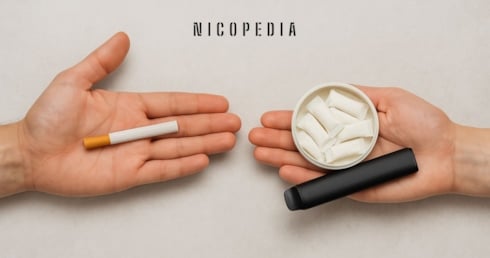 Swaptober image, with cigarette on the left and vapes and nicotine pouches on the right, encouraging the swap