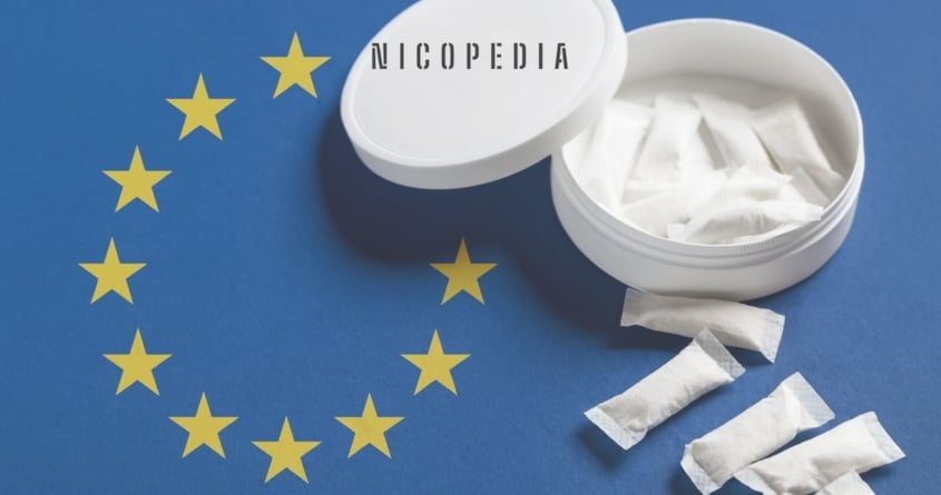 nicotine pouch on eu flag, indicating EU's plan to ban nicotine pouches