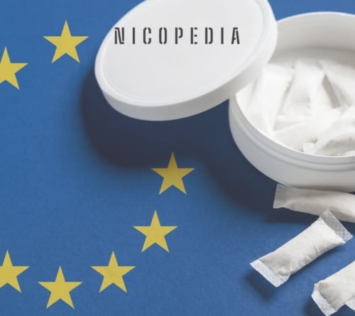 nicotine pouch on eu flag, indicating EU's plan to ban nicotine pouches