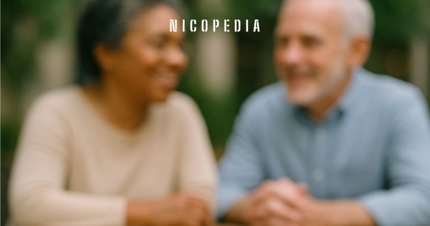 A picture of two people aged 55+, with a vape in the foreground