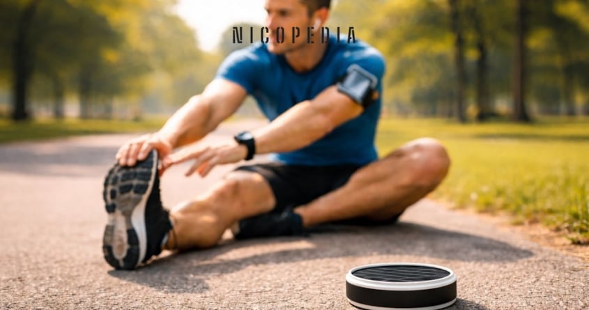 Image of man in running clothes stretching on the ground outside, with a nicotine pouch can in foreground