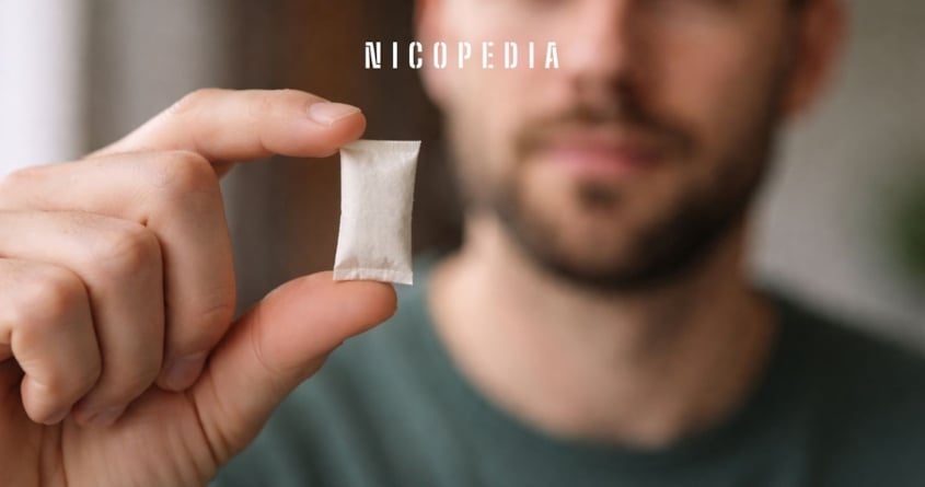 A person holds up a nicotine pouch, looking at it
