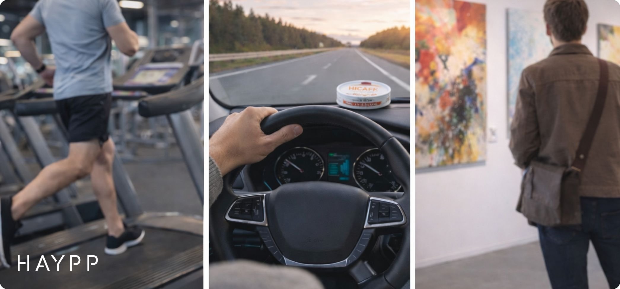 Running, driving, at a gallery (showing activities that are practical with caffeine pouches)