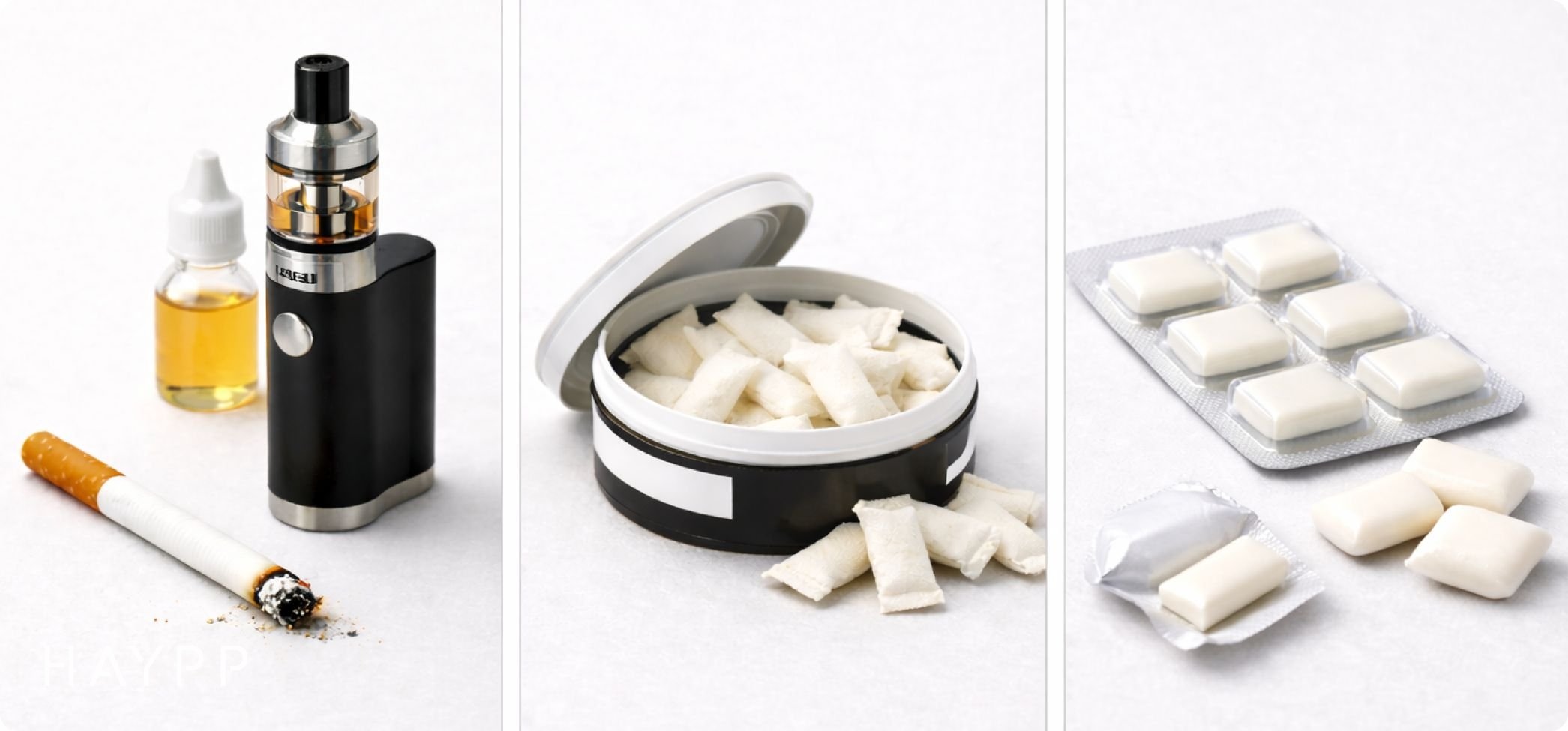 Cigarettes, vapes, nicotine pouches, and nicotine gum, which give different nicotine buzz sensations