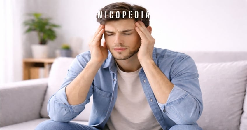 person holding head as if experiencing a nicotine rush