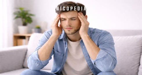 person holding head as if experiencing a nicotine rush