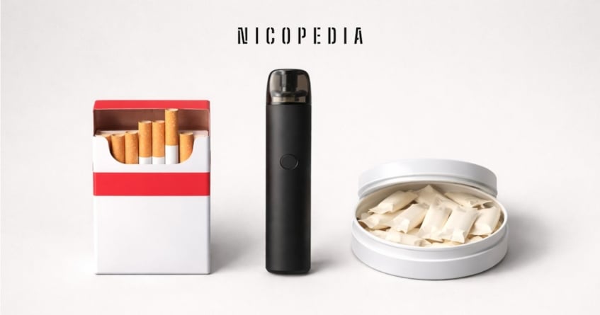 Cigarette packet, vape, and nicotine pouch can, indicating the dispersed nicotine market