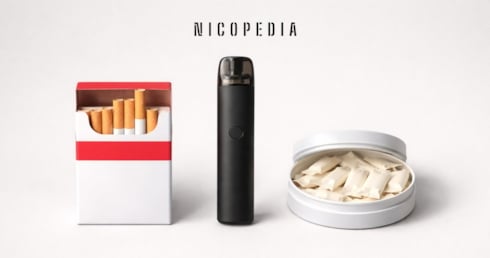 Cigarette packet, vape, and nicotine pouch can, indicating the dispersed nicotine market