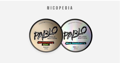 a PABLO gold strawberry kiwi can and PABLO silver blue raspberry can