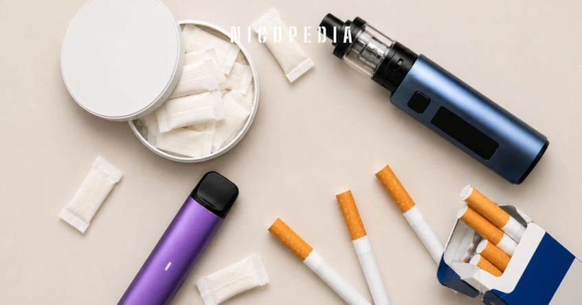 Flat overlay of vapes, nicotine pouches, and cigarettes