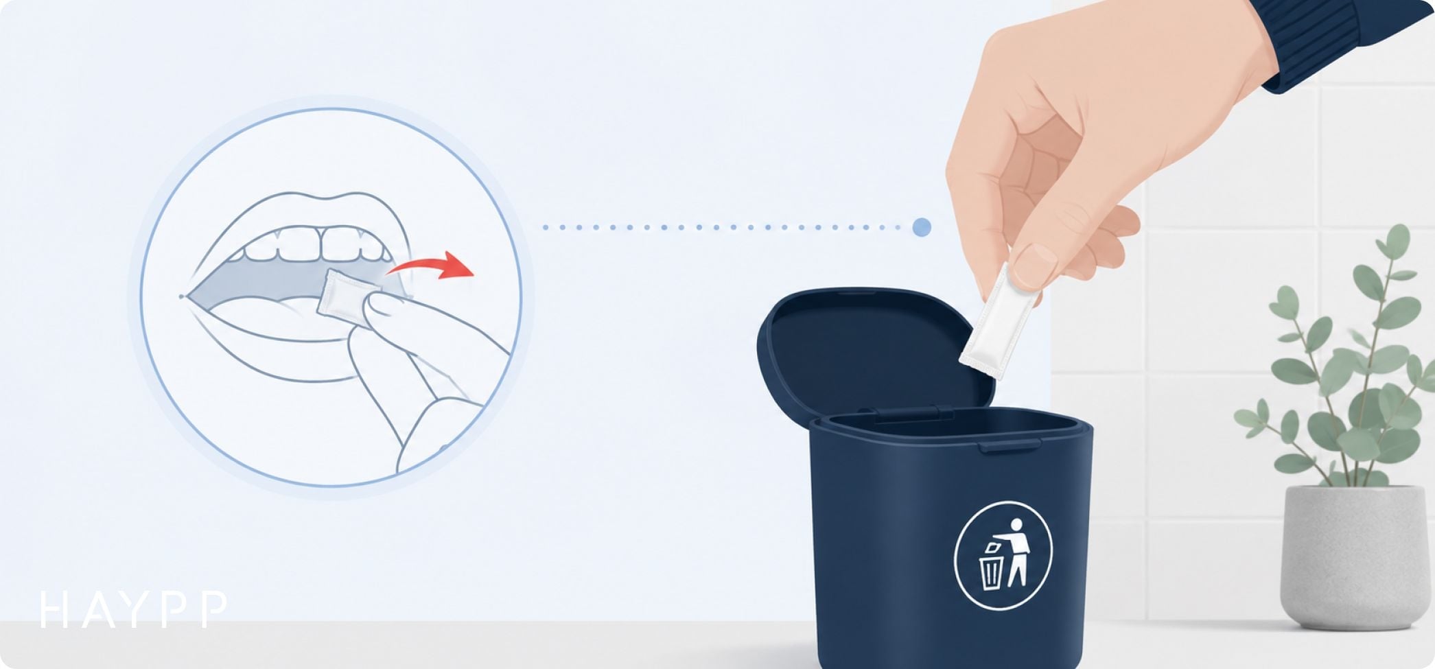a hand removes a pouch from the mouth, and puts the pouch in a bin