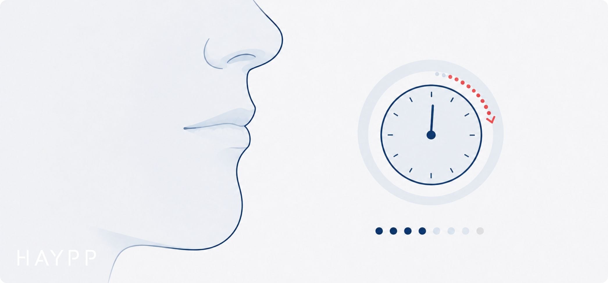 a person's face with a closed mouth, next to a stop watch indicating passing time