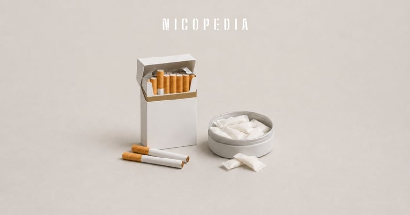 a pack of cigarettes next to a can of nicotine pouches